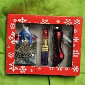 Boscovs Holiday Ornament Set Shopping Bag Lipstick High Heel Red Black Glitter